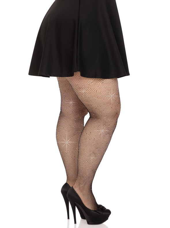 Colby Rhinestone Fishnet Tights - 1x/2x - Black-Lingerie & Sexy Apparel-Leg Avenue-Andy's Adult World