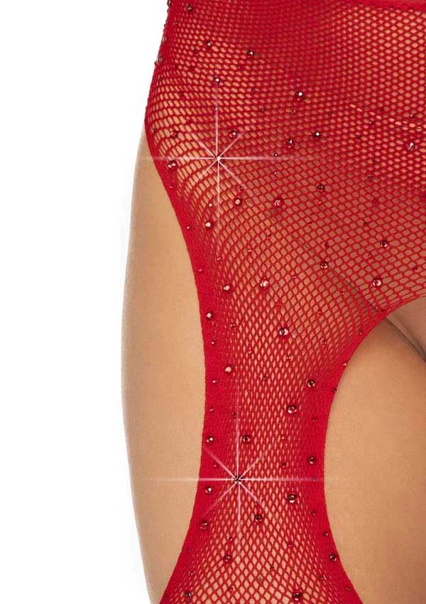 Casey Rhinestone Fishnet Suspender Pantyhose - One Size - Red-Lingerie & Sexy Apparel-Leg Avenue-Andy's Adult World