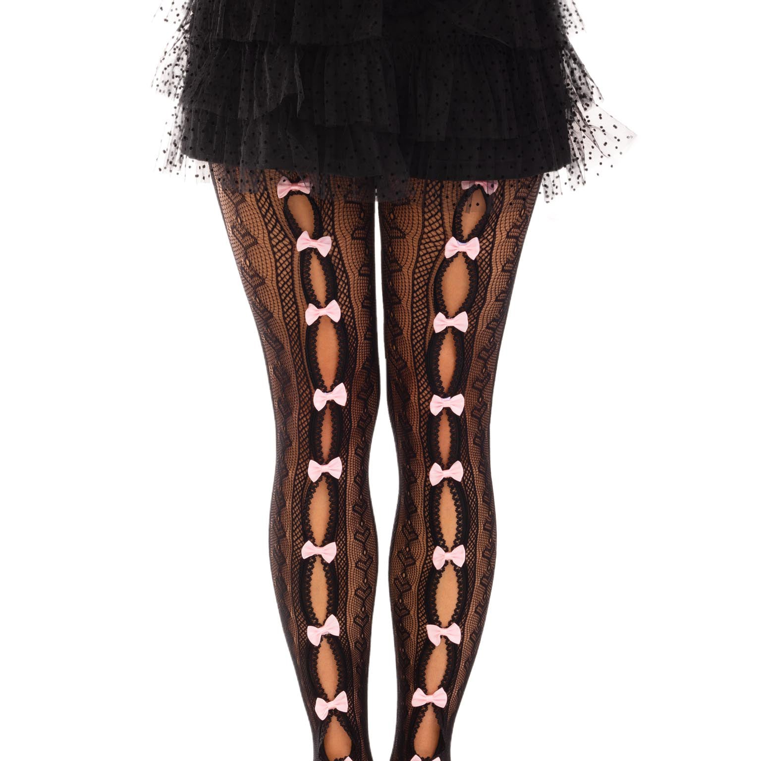 Sweetheart Striped Net Tights With Keyhole and Mini Bow Detail - One Size - Black-Lingerie & Sexy Apparel-Leg Avenue-Andy's Adult World