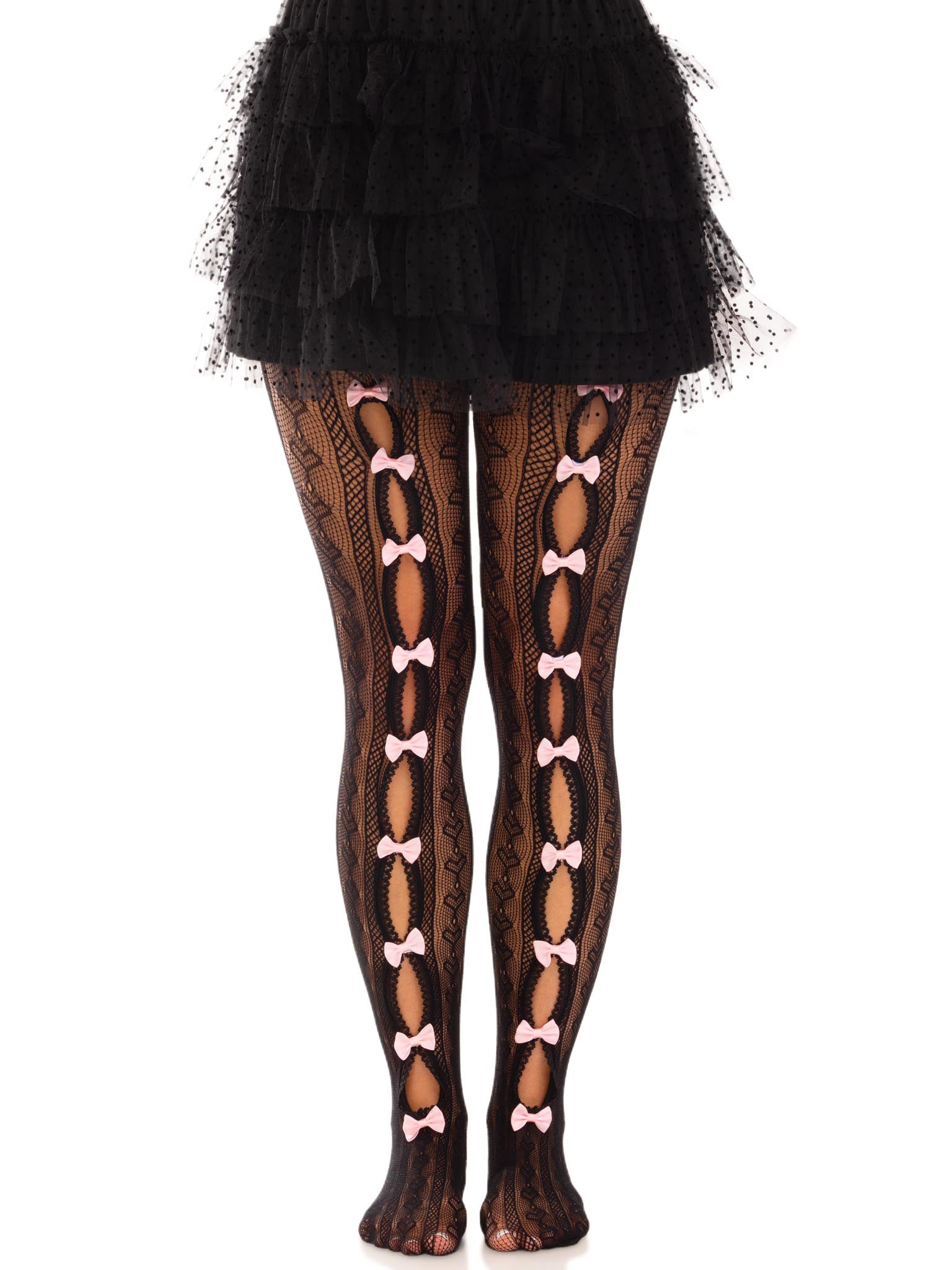 Sweetheart Striped Net Tights With Keyhole and Mini Bow Detail - One Size - Black-Lingerie & Sexy Apparel-Leg Avenue-Andy's Adult World