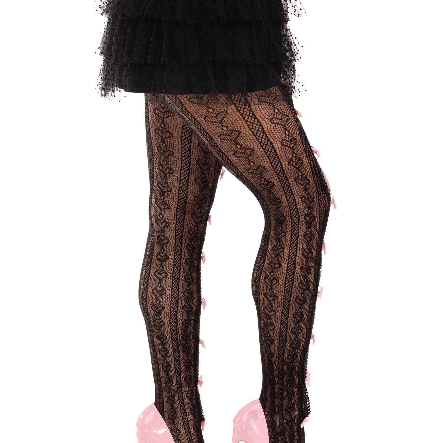 Sweetheart Striped Net Tights With Keyhole and Mini Bow Detail - One Size - Black-Lingerie & Sexy Apparel-Leg Avenue-Andy's Adult World