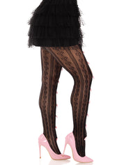 Sweetheart Striped Net Tights With Keyhole and Mini Bow Detail - One Size - Black-Lingerie & Sexy Apparel-Leg Avenue-Andy's Adult World