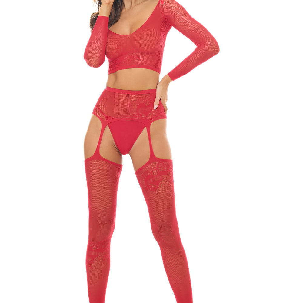 Permanent Mark Long Sleeve Top and Garter Bodystocking Red - Os-Lingerie & Sexy Apparel-Rene Rofe-Andy's Adult World