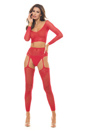 Permanent Mark Long Sleeve Top and Garter Bodystocking Red - Os-Lingerie & Sexy Apparel-Rene Rofe-Andy's Adult World