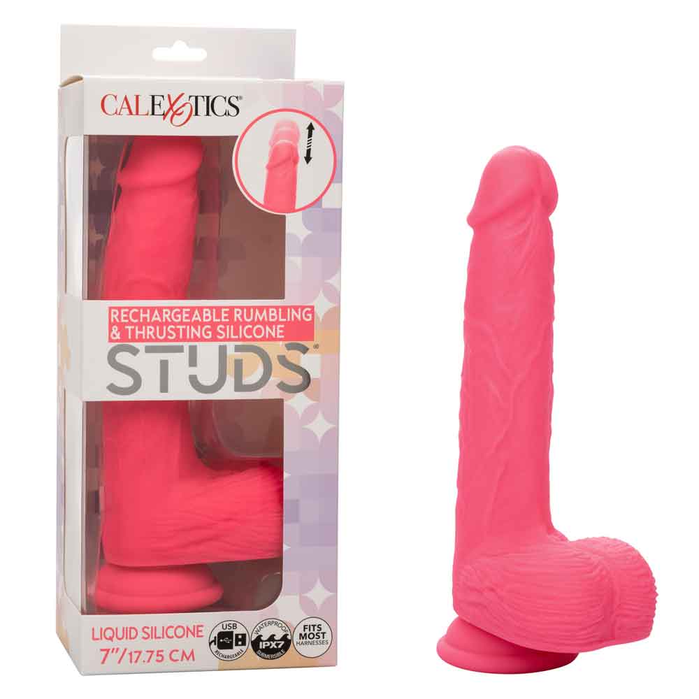 Rechargeable Rumbling and Thrusting Silicone Studs - Pink-Dildos & Dongs-CalExotics-Andy's Adult World