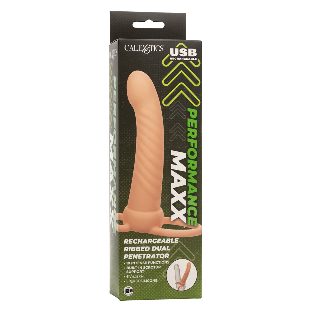 Performance Maxx Rechargeable Ribbed Dual Penetrator - Ivory-Penis Extension & Sleeves-CalExotics-Andy's Adult World