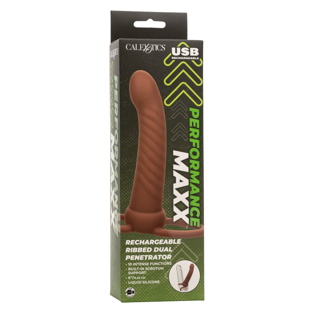 Performance Maxx Rechargeable Ribbed Dual Penetrator - Brown-Penis Extension & Sleeves-CalExotics-Andy's Adult World