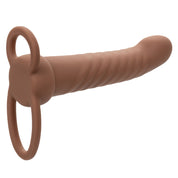 Performance Maxx Rechargeable Ribbed Dual Penetrator - Brown-Penis Extension & Sleeves-CalExotics-Andy's Adult World