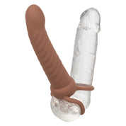 Performance Maxx Rechargeable Ribbed Dual Penetrator - Brown-Penis Extension & Sleeves-CalExotics-Andy's Adult World