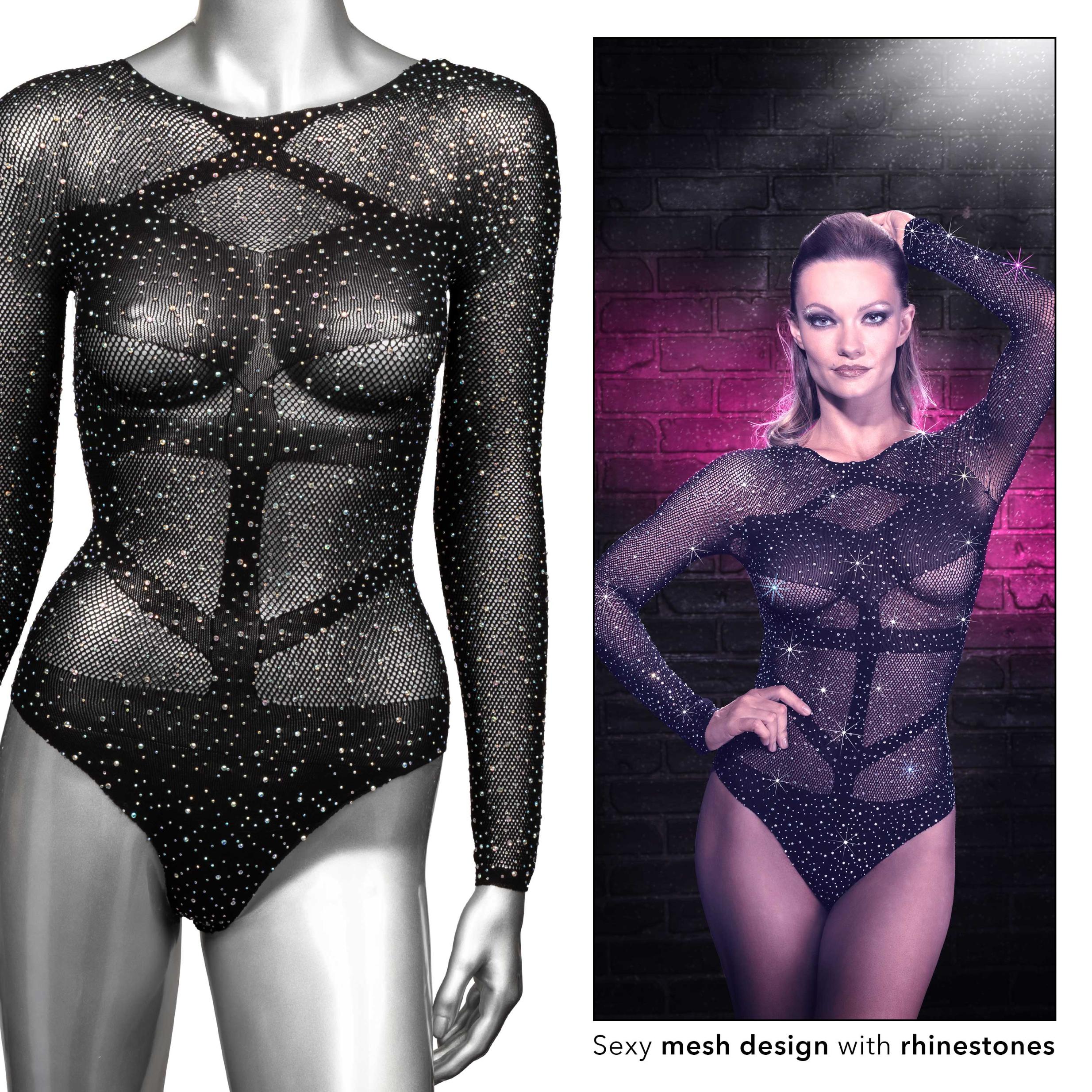 Radiance Long Sleeve Body Suit - One Size - Black-Lingerie & Sexy Apparel-CalExotics-Andy's Adult World