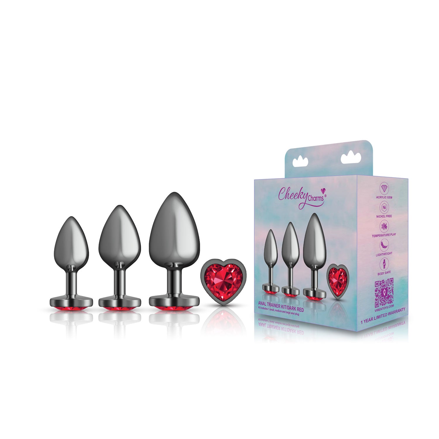 Presale Only - Cheeky Charms - Metal Butt Plug Gunmetal - Heart Dark Red - Anal Trainer Kit-Anal Toys & Stimulators-Viben-Andy's Adult World