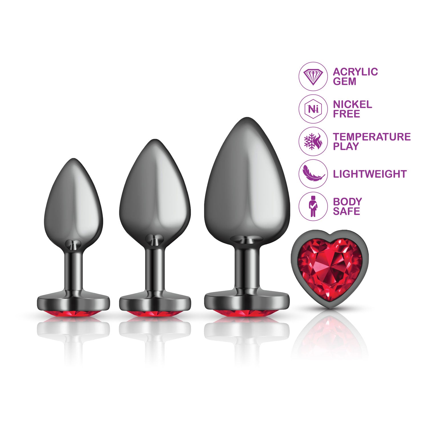 Presale Only - Cheeky Charms - Metal Butt Plug Gunmetal - Heart Dark Red - Anal Trainer Kit-Anal Toys & Stimulators-Viben-Andy's Adult World