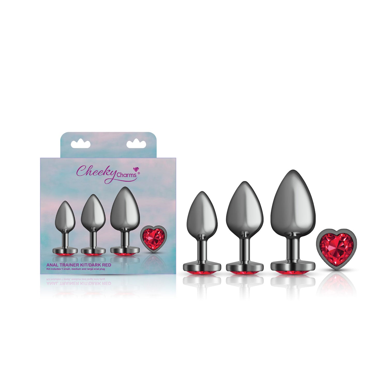 Presale Only - Cheeky Charms - Metal Butt Plug Gunmetal - Heart Dark Red - Anal Trainer Kit-Anal Toys & Stimulators-Viben-Andy's Adult World