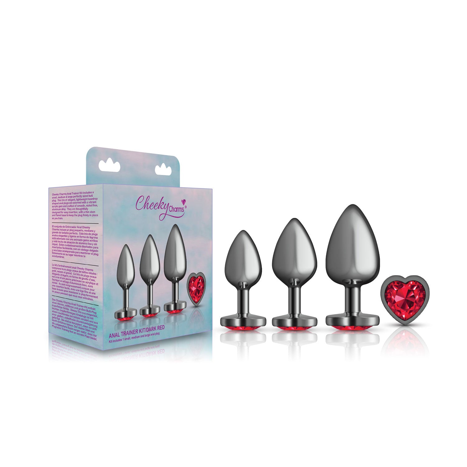 Presale Only - Cheeky Charms - Metal Butt Plug Gunmetal - Heart Dark Red - Anal Trainer Kit-Anal Toys & Stimulators-Viben-Andy's Adult World