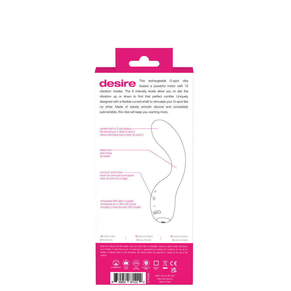 Desire Rechargeable G-Spot Vibe - Pink-Vibrators-VeDO-Andy's Adult World