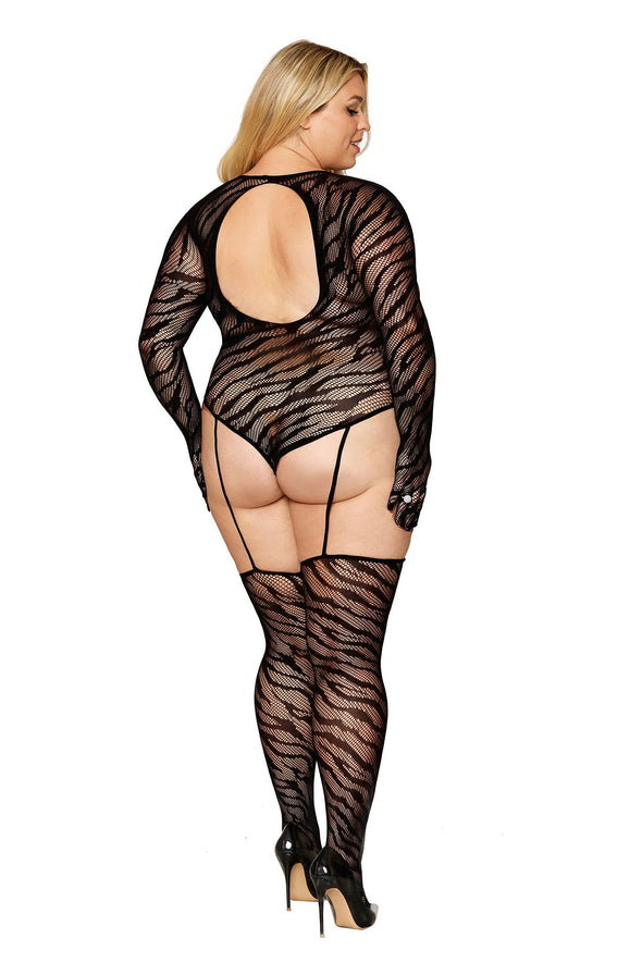 Teddy Bodystocking With Fingered Gloves - Queen Size - Black-Lingerie & Sexy Apparel-Dreamgirl-Andy's Adult World