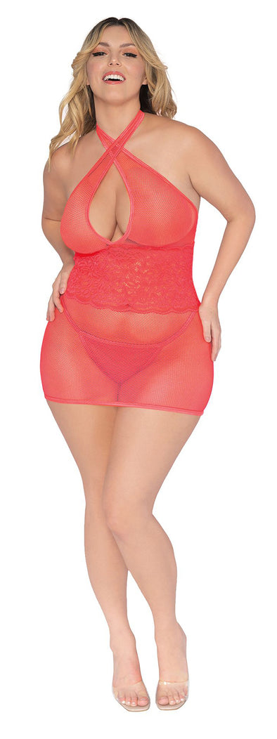 Stretch Fishnet and Scalloped Stretch Lace Chemise - Queen - Coral-Lingerie & Sexy Apparel-Dreamgirl-Andy's Adult World