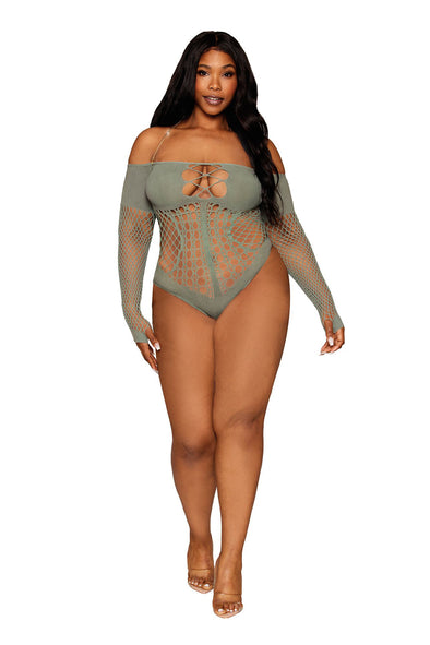 Long Sleeve Teddy - Queen Size - Sage-Lingerie & Sexy Apparel-Dreamgirl-Andy's Adult World