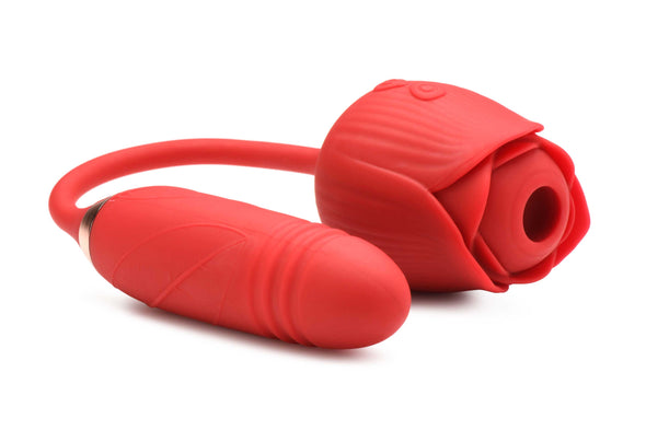 Bloomgasm Romping Rose Suction and Thrusting Vibrator - Red-Vibrators-XR Brands inmi-Andy's Adult World