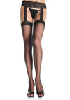 Sheer Lace Top Stockings With Attached Lace Garter Belt - Queen Size - Black