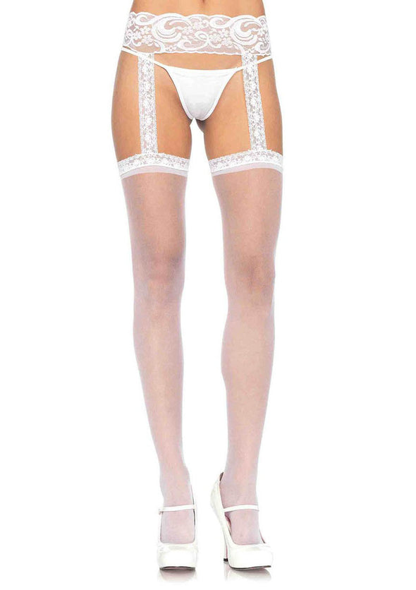 Sheer Lace Top Stockings With Attached Lace Garter Belt - One Size - White