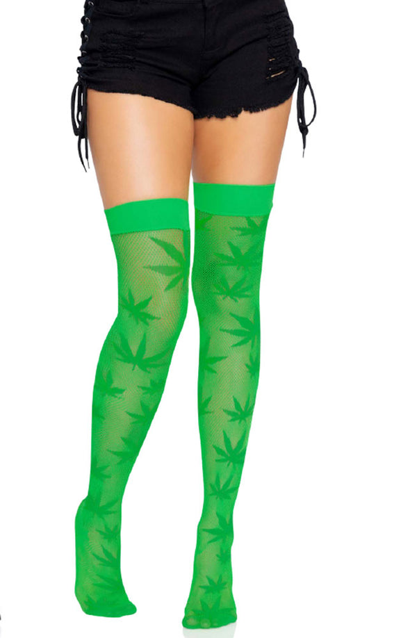 420 Net Thigh Highs - One Size - Green-Lingerie & Sexy Apparel-Leg Avenue-Andy's Adult World