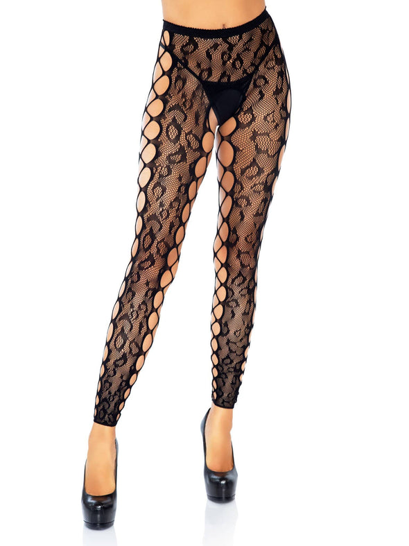 Footless Leopard Lace Crotchless Tights - Black-Lingerie & Sexy Apparel-Leg Avenue-Andy's Adult World