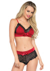 2 Pc. Lace Trimmed Spandex Bralette & Brazilian  Back Boy Shorts - Small- Medium - Red- Black