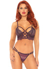 2 Pc Lace Bralette With Cage Strap O-Ring Bodice Detail and Matching G-String - Plum - Medium/ Large