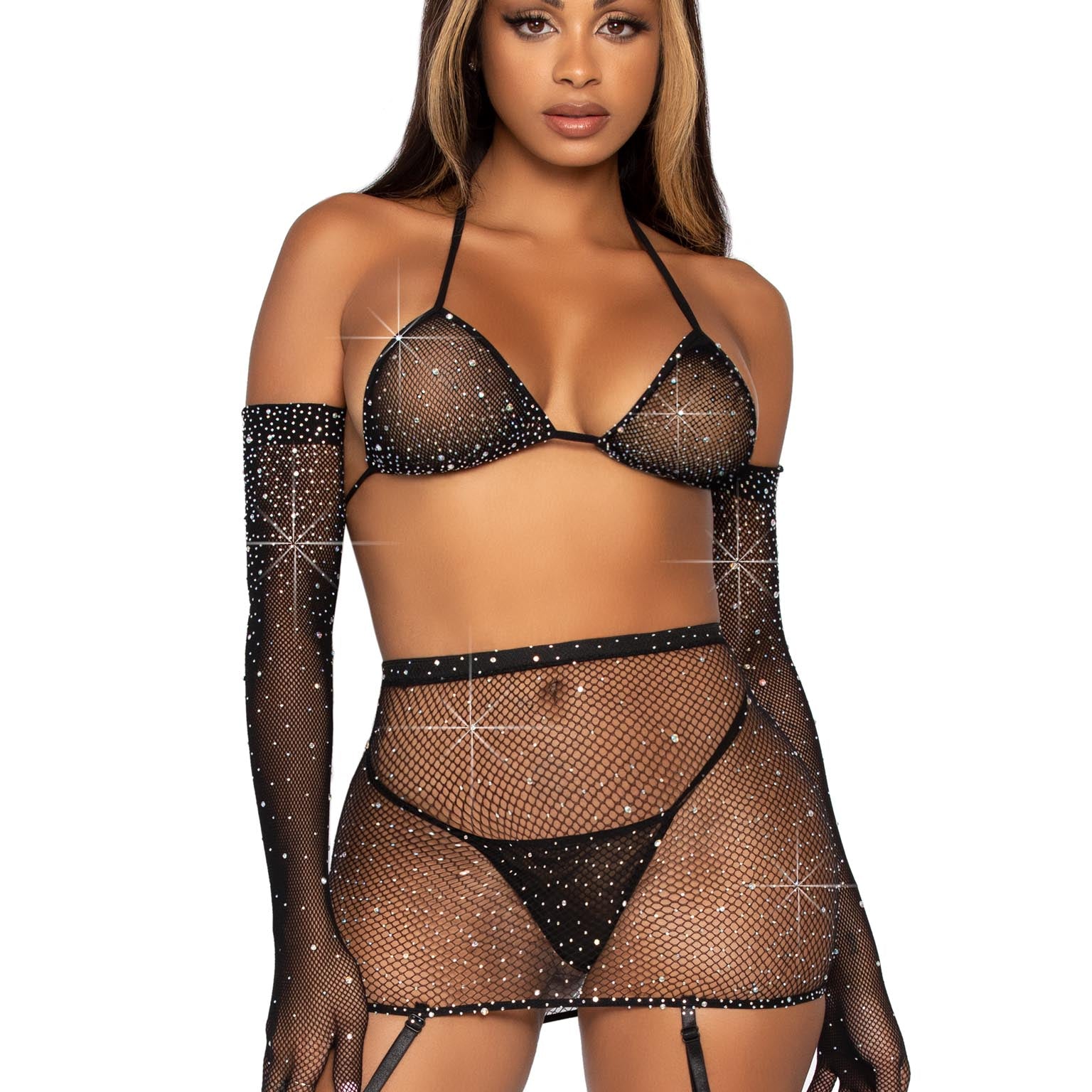 5 Pc Rhinestone Bikini Top G-String Garter Skirt Gloves and Stockings - One Size - Black-Lingerie & Sexy Apparel-Leg Avenue-Andy's Adult World