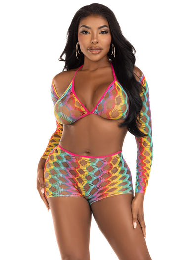 3 Pc Net Bra Top With Shrug and Boy Shorts - One Size - Multicolor-Lingerie & Sexy Apparel-Leg Avenue-Andy's Adult World