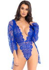 3pc Lace Teddy and Robe Set - Royal Blue - Large