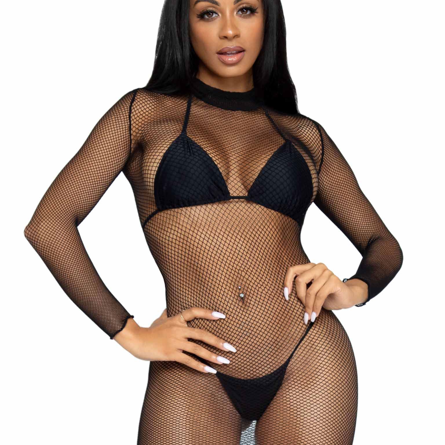Ultra Net Long Sleeve High Neck Mini Dress - One Size - Black-Lingerie & Sexy Apparel-Leg Avenue-Andy's Adult World