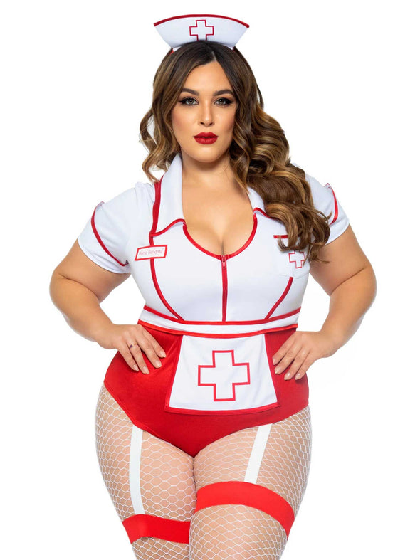 Plus Nurse Feelgood Sexy Costume - 3x/4x - White / Red-Lingerie & Sexy Apparel-Leg Avenue-Andy's Adult World