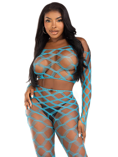 2 Pc Net Crop Top and Footless Tights - One Size - Turquoise-Lingerie & Sexy Apparel-Leg Avenue-Andy's Adult World