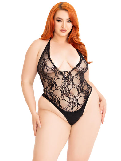 Floral Lace Deep-v Lace Up Teddy - 1x/2x - Black-Lingerie & Sexy Apparel-Leg Avenue-Andy's Adult World