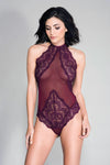 High Neck Scalloped Trim Lace Teddy With Sheer Back - One Size - Burgundy-Lingerie & Sexy Apparel-Music Legs-Andy's Adult World