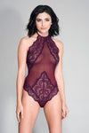 High Neck Scalloped Trim Lace Teddy With Sheer Back - One Size - Burgundy-Lingerie & Sexy Apparel-Music Legs-Andy's Adult World