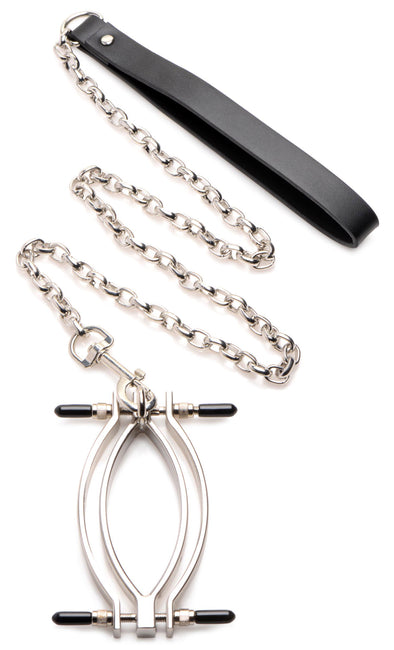 Pussy Tugger Adjustable Pussy Clamp With Leash - Silver-Bondage & Fetish Toys-XR Brands Master Series-Andy's Adult World