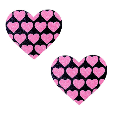 Pink Heart Neon Valentines Black Glitter Heart Nipple Cover Pasties-Nipple Stimulators-Neva Nude-Andy's Adult World