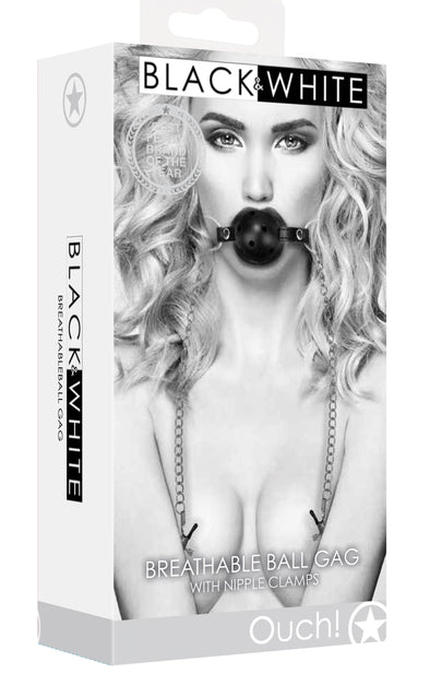 Breathable Ball Gag With Nipple Clamps - Black-Bondage & Fetish Toys-Shots Ouch!-Andy's Adult World
