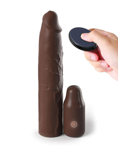 Fantasy X-Tensions Elite 9 Inch Sleeve Vibrating 3 Inch Plug With Remote - Brown-Penis Extension & Sleeves-Pipedream-Andy's Adult World