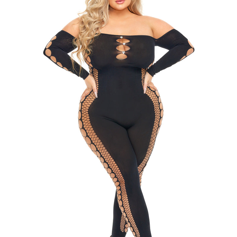 Bodystocking - Queen Size - Black-Lingerie & Sexy Apparel-Pink Lipstick-Andy's Adult World