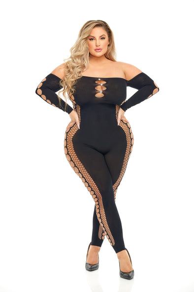 Bodystocking - Queen Size - Black-Lingerie & Sexy Apparel-Pink Lipstick-Andy's Adult World