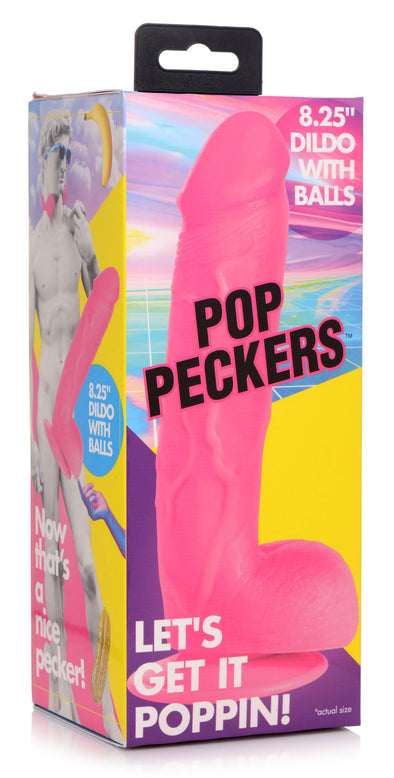 Pop Pecker 8.25 Inch Dildo With Balls - Pink-Dildos & Dongs-XR Brands Pop Peckers-Andy's Adult World