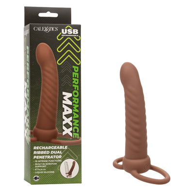 Performance Maxx Rechargeable Ribbed Dual Penetrator - Brown-Penis Extension & Sleeves-CalExotics-Andy's Adult World