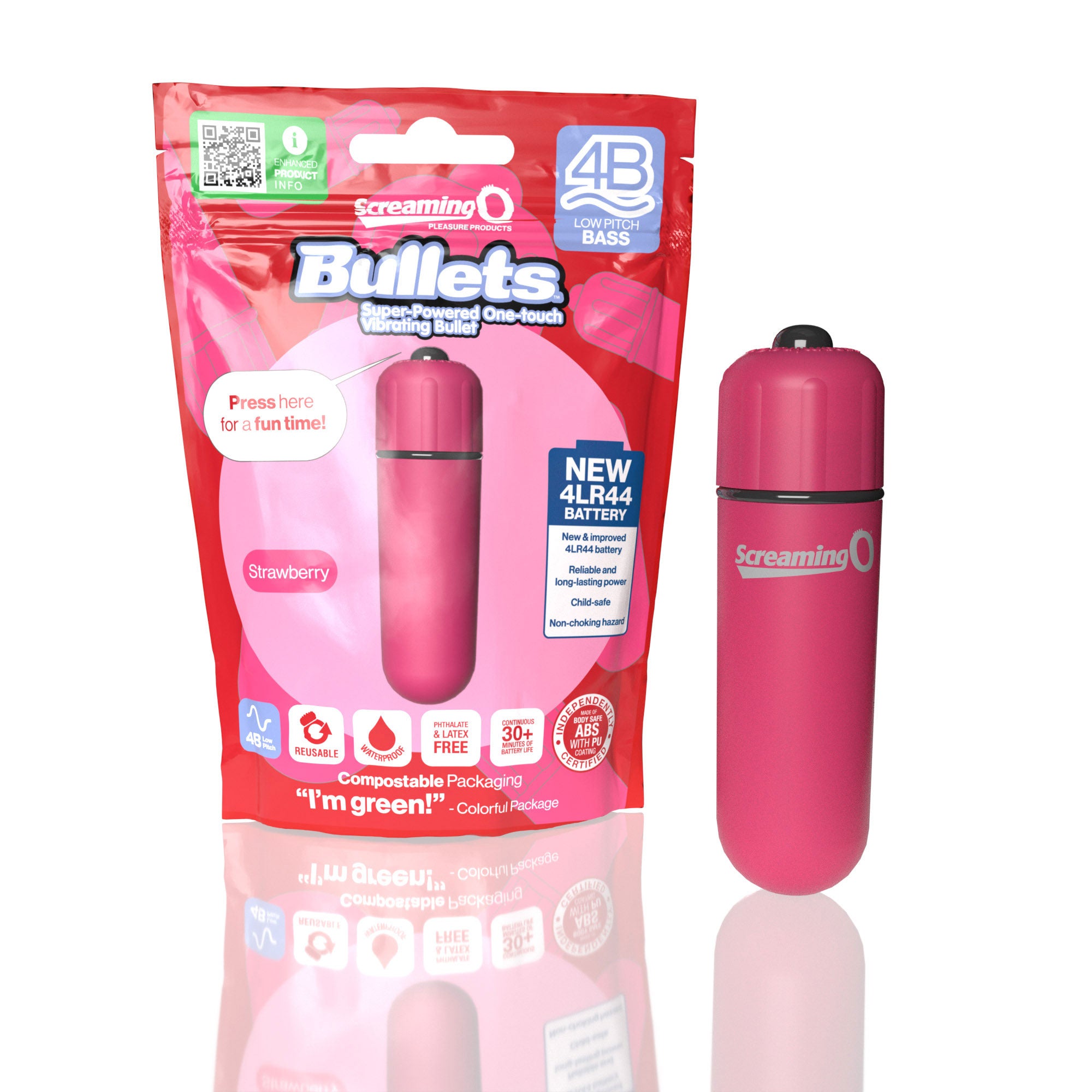 Screaming O 4b - Bullet - Super Powered One Touch Vibrating Bullet - Strawberry-Clit Stimulators-Screaming O-Andy's Adult World