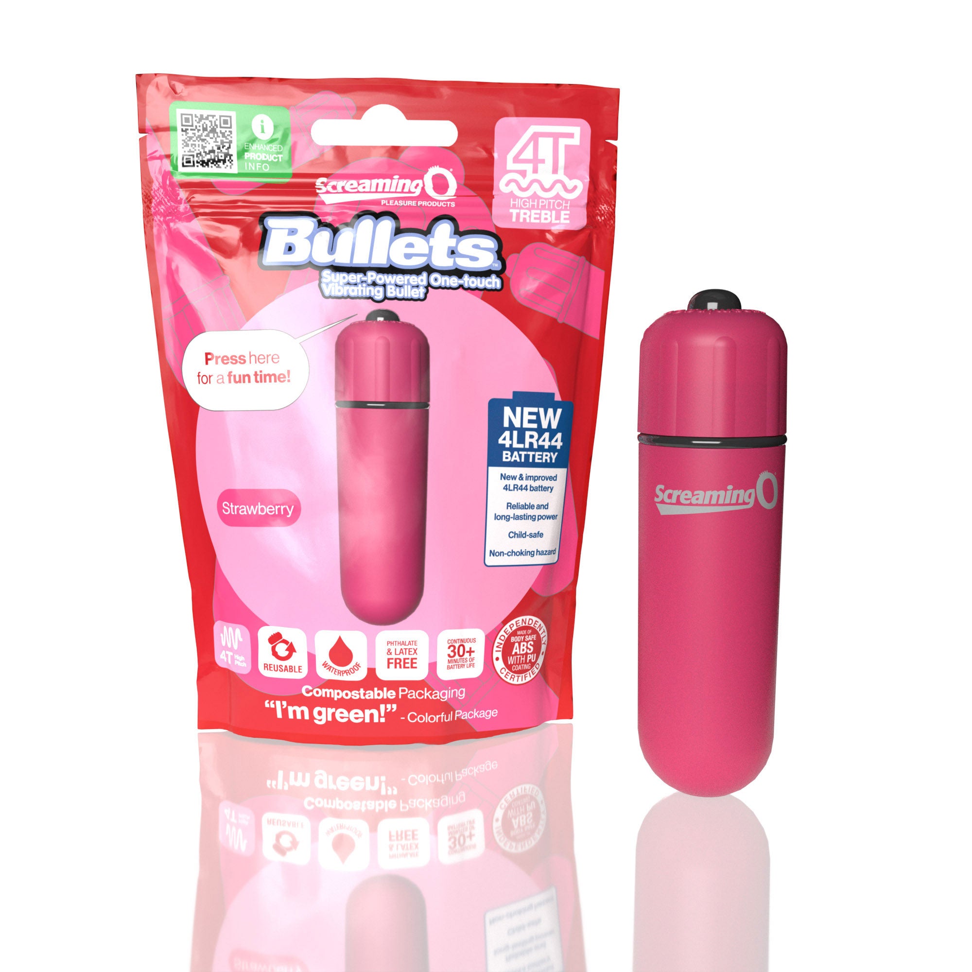 Screaming O 4t - Bullet - Super Powered One Touch Vibrating Bullet - Strawberry-Vibrators-Screaming O-Andy's Adult World