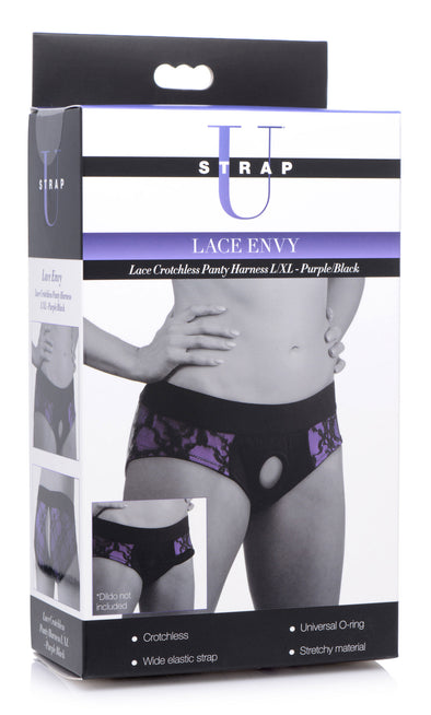 Lace Envy Crotchless Panty Harness - L- XL Purple and Black-Harnesses & Strap-Ons-XR Brands Strap U-Andy's Adult World