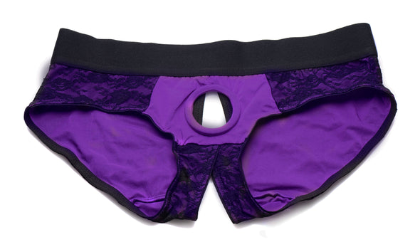 Lace Envy Crotchless Panty Harness - S- M Black and Purple-Harnesses & Strap-Ons-XR Brands Strap U-Andy's Adult World